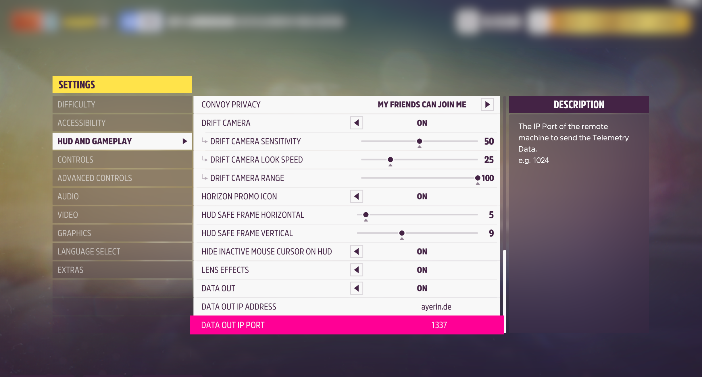 Hud and gameplay data out settings